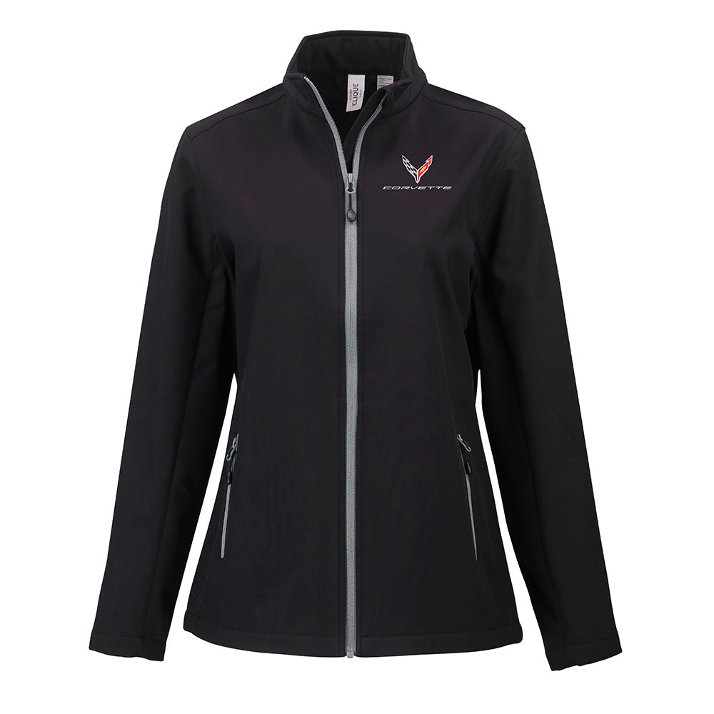 C8 Corvette Emblem Ladies Tempo Jacket in Black and Gray shown on a white background