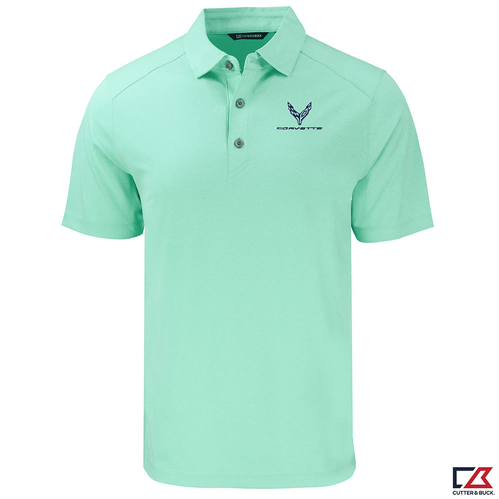 Mint green polo shirt with a C8 Corvette emblem embroidered in Navy on the left chest. Shown on a white background