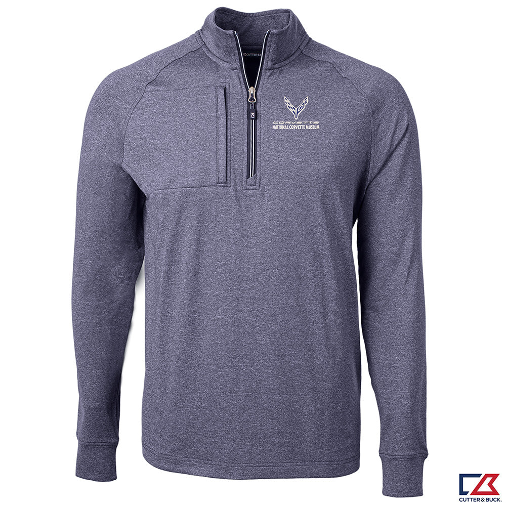 Heather navy quarter-zip pullover with a C8 Corvette logo on a white background