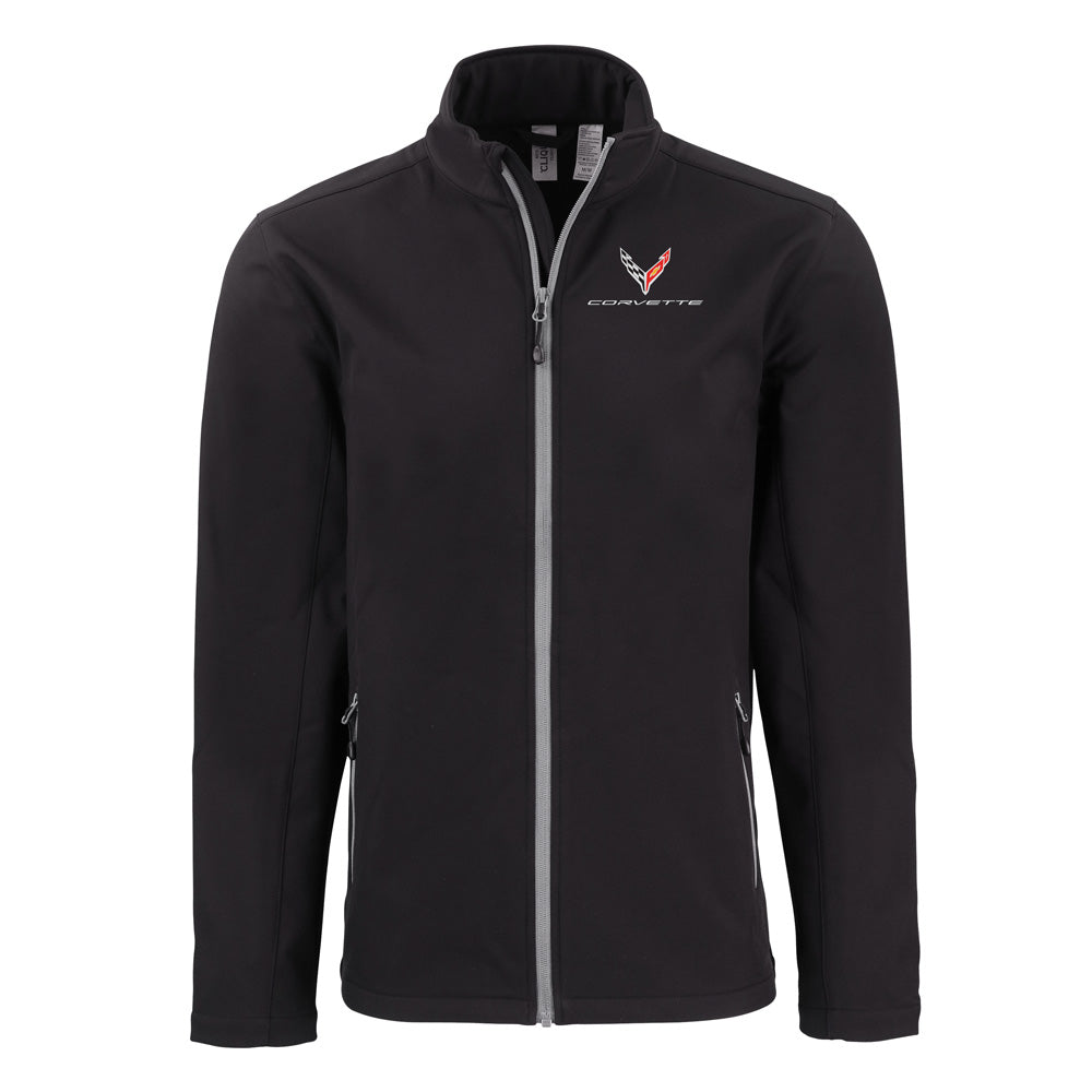 Black jacket with an embroidered C8 Corvette logo shown on a white background