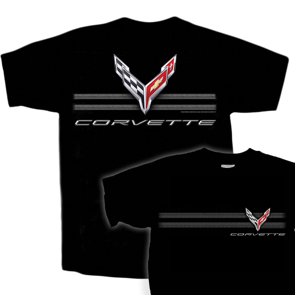 Black t-shirt with a C8 Tire Track design on the back and a small tire tracks design across the front chest shown on a white background.