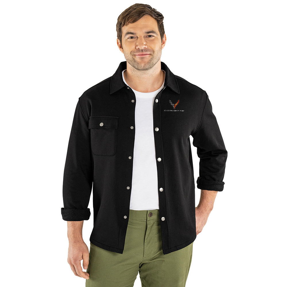 Man wearing the C8 Corvette Emblem Unisex Snap Shacket in Black