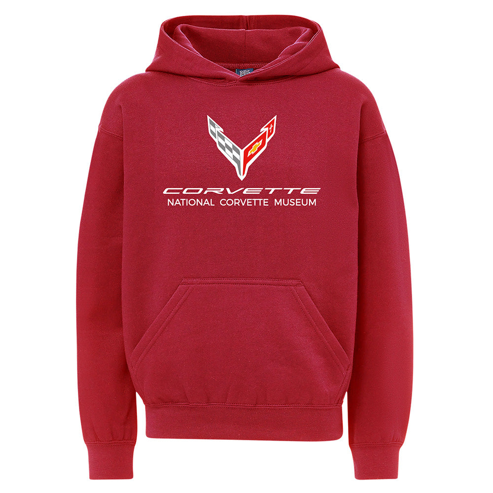 Red youth hoodie with C8 Corvette logo shown on a white background