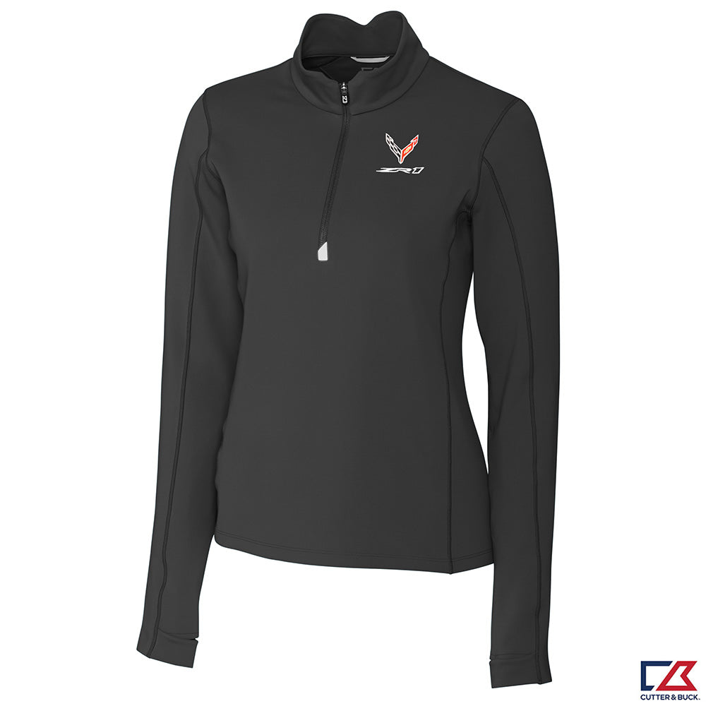 The 8th Generation Corvette ZR1 emblem Ladies Traverse Quarter-Zip Pullover in black shown on a white background