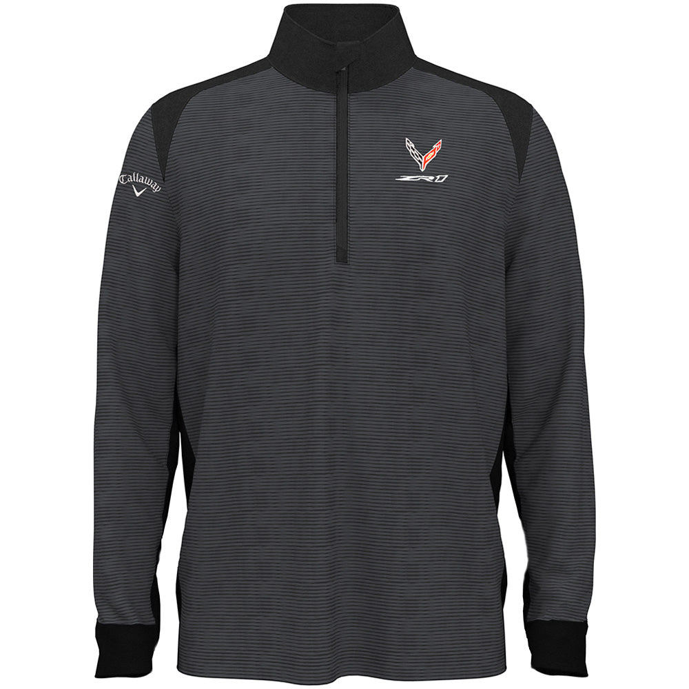 The C8 Corvette ZR1 Men's Lightweight Blocked Quarter-Zip Pullover in Black and Gray shown on a white background