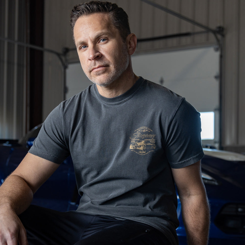 Man wearing the American Made Stingray T-shirt showing the logo on the front