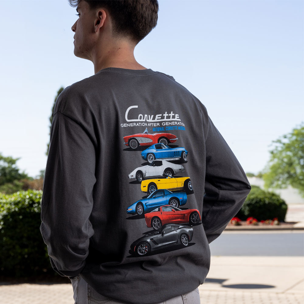 Man wearing the C1-C7 Corvette Generations Duet LS Tee Lifestyle showing the design on the back