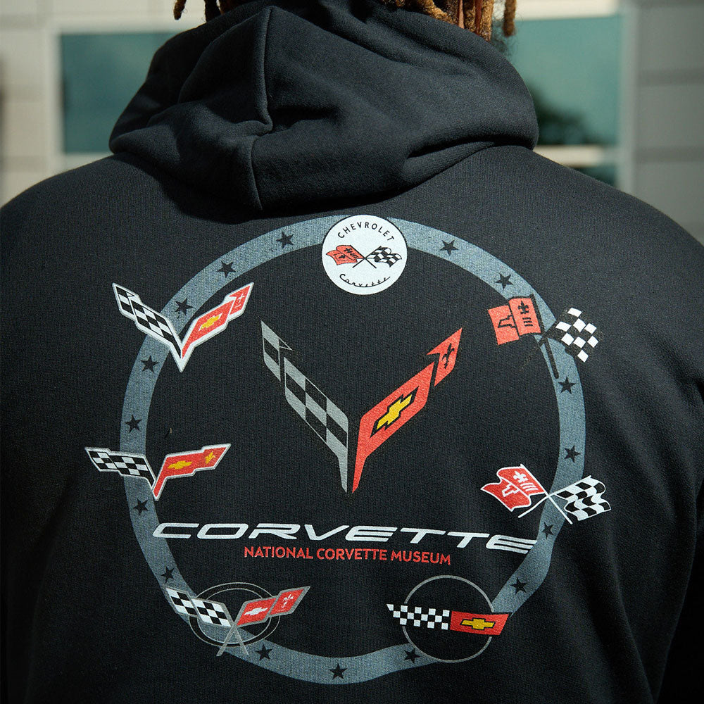 person wearing C1-C8 Corvette Emblems Circle Sweatshirt