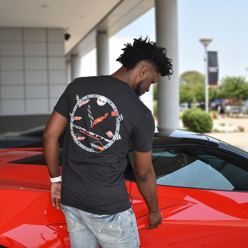 Man wearing the C1-C8 Corvette Emblems Circle T-shirt