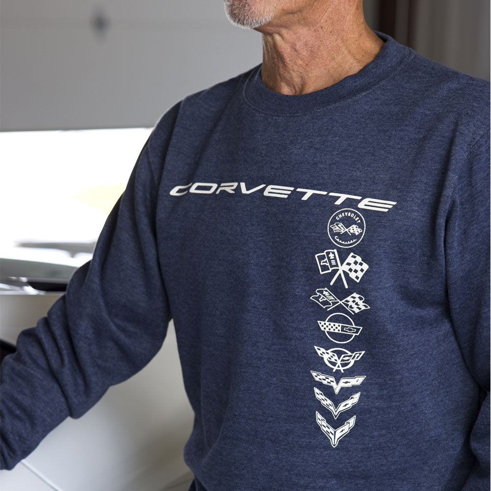 A close up of the emblem design on the C1-C8 Corvette Emblems Fundamental Crew Heather Navy Sweatshirt