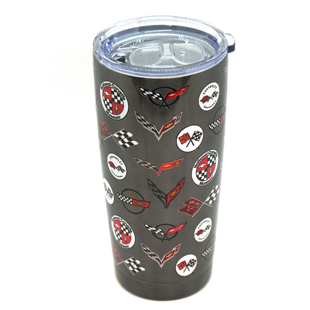 Tumbler with a C1 through C8 Corvette logo pattern on a white background