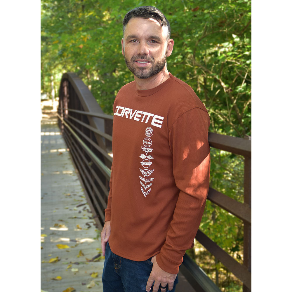 Man wearing the C1-C8 Corvette Emblems LS Waffle Knit T-shirt