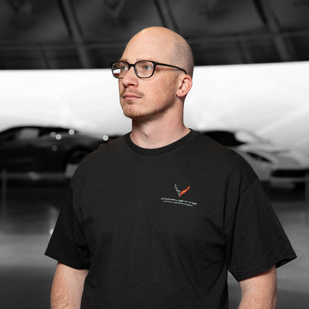 Man wearing the C1-C8 Emblems V-Back T-shirt showing the front design