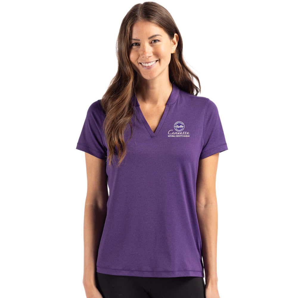 Woman wearing the C1 Corvette Custom Ladies VNeck Purple Polo