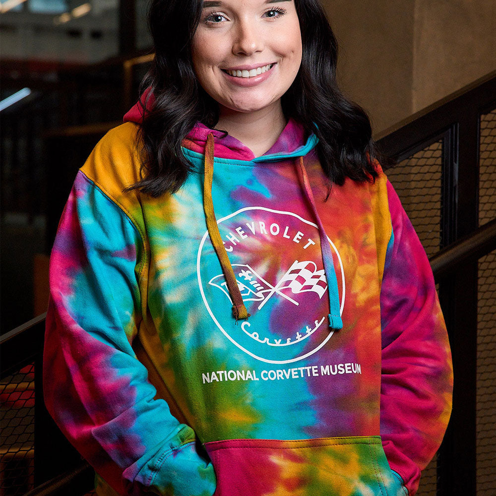 Person wearing the C1 Corvette Tie Dye Hoodie
