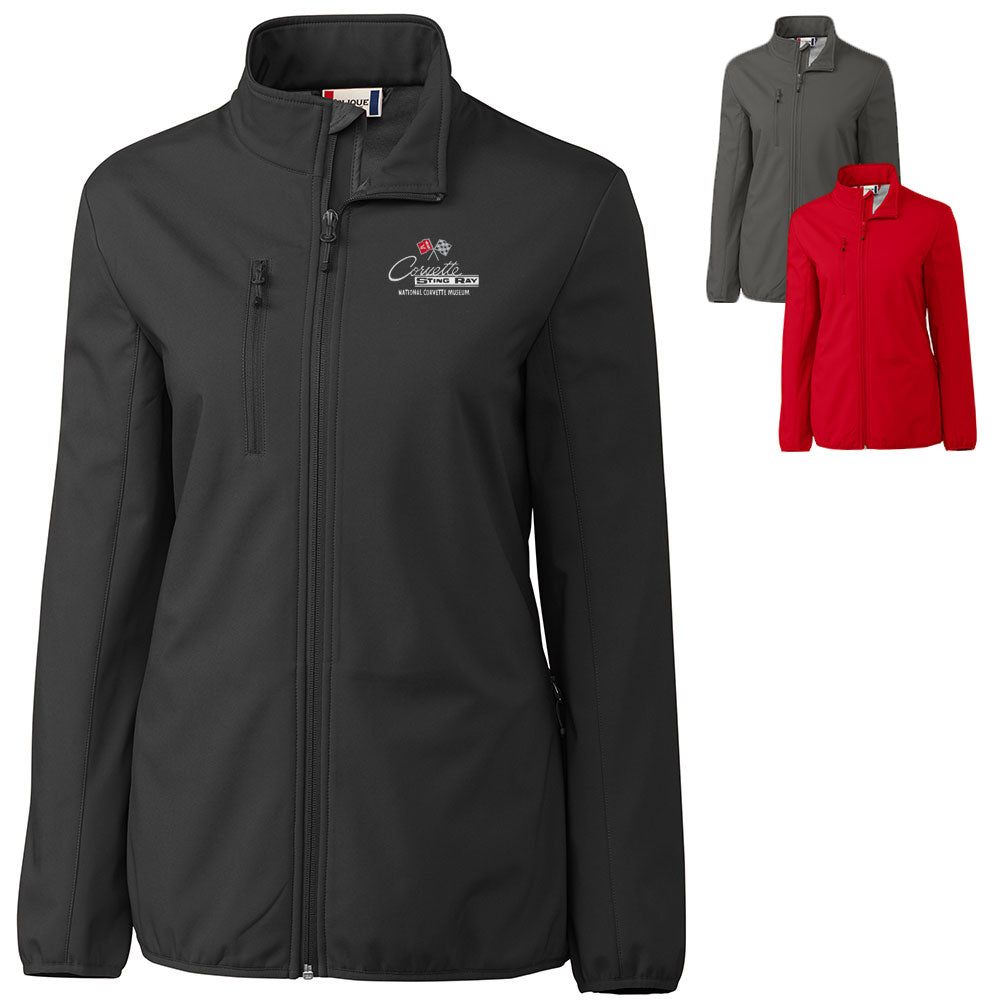 A women's full-zip jacket shown in black as the main product, with two smaller inset views showing the same jacket in gray and red. The black jacket has a stand collar, front zipper, zip chest pocket, and a small embroidered C2 Corvette logo on the left chest.
