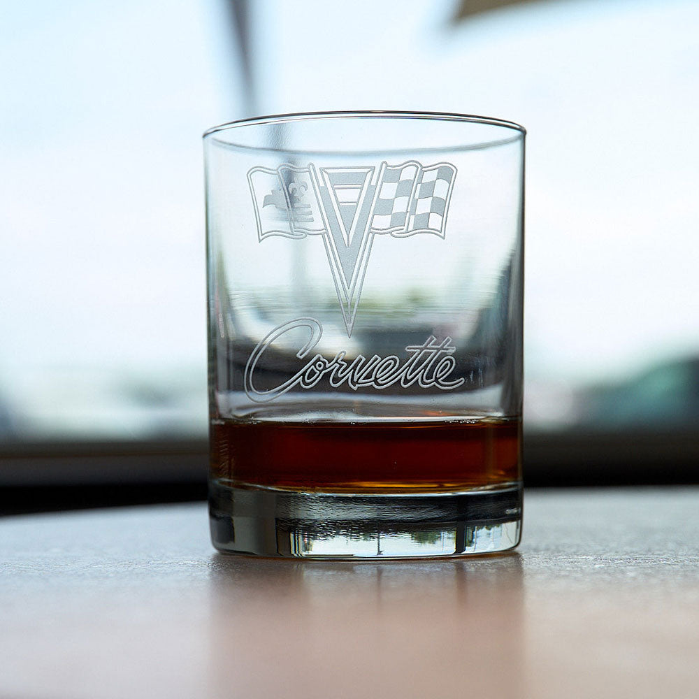 C2 Corvette Emblem Short Beverage Glass sitting on a table