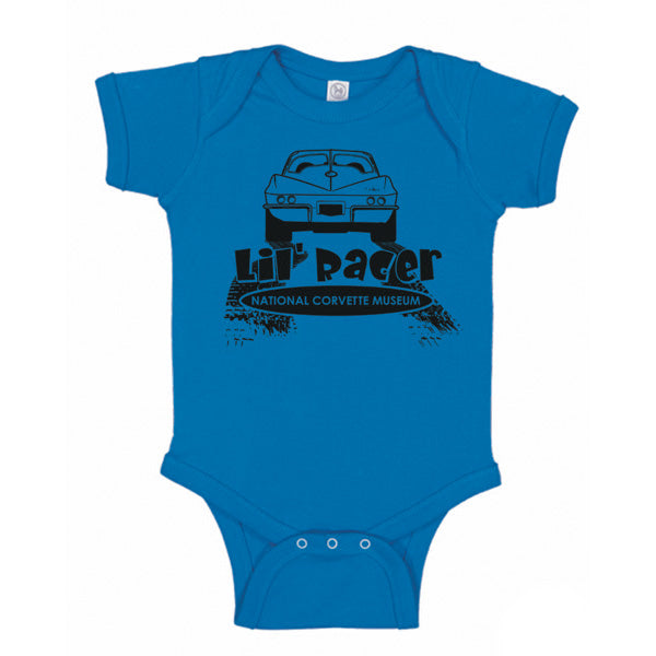 Blue baby onesie with a Corvette graphic and Lil Racer design on a white background