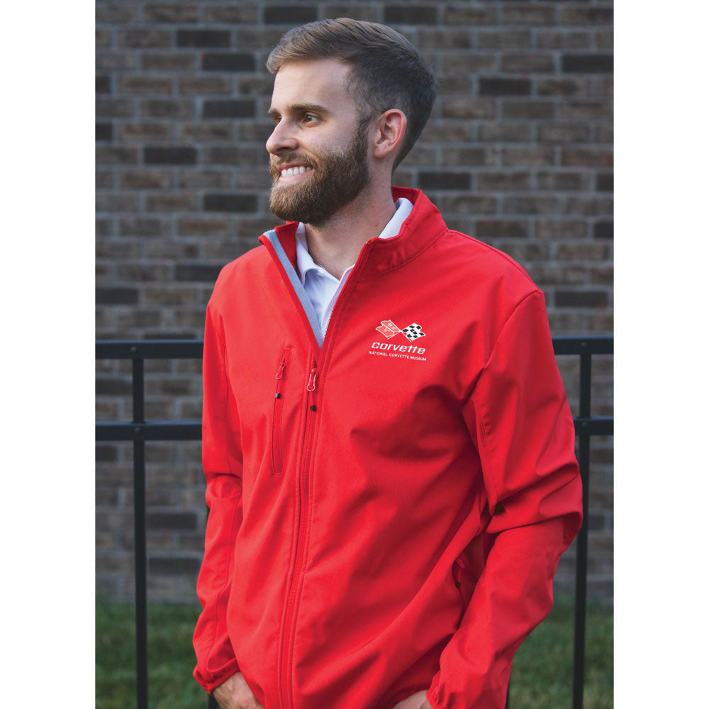 Man wearing the red C3 Corvette Custom Trail Eco Stretch Softshell Jacket