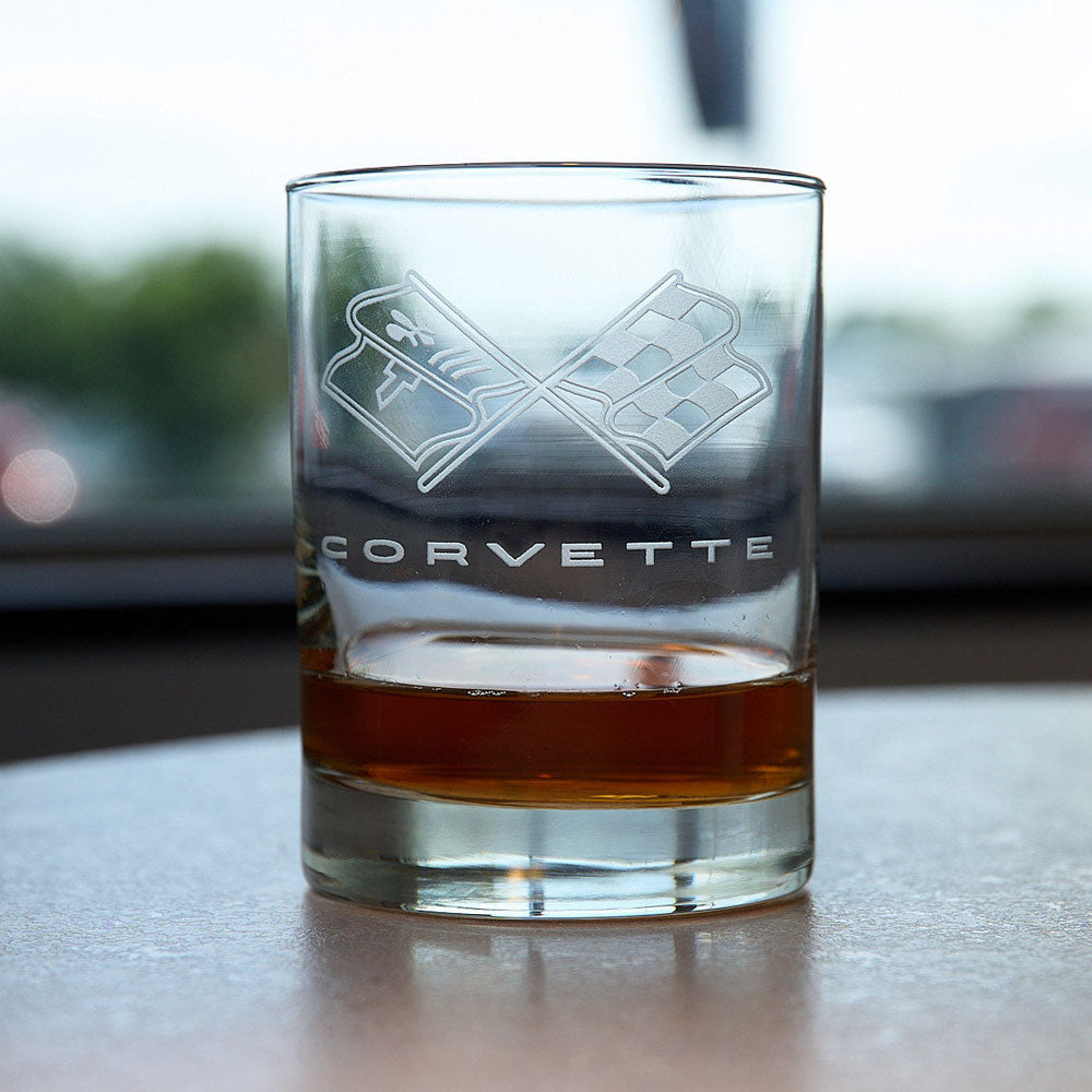 C3 Corvette Emblem Short Beverage Glass sitting on a table