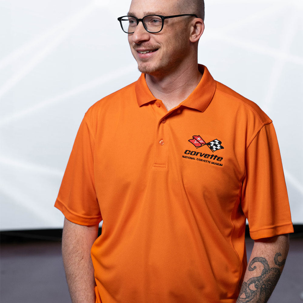 Image of a man wearing the C3 Corvette Orange Ice Polo