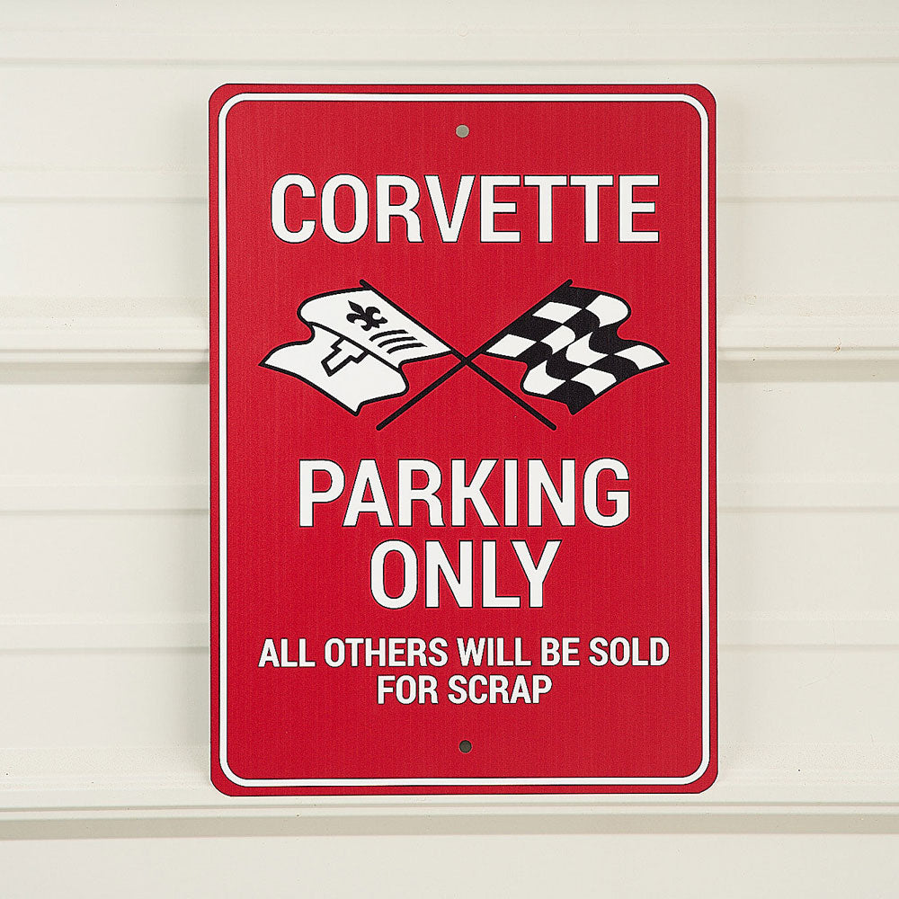 C3 Corvette Parking Only Tin Sign hanging on a wall