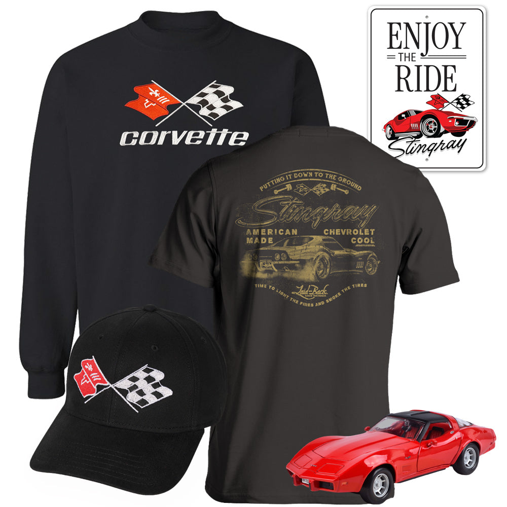 Black C3 Corvette sweatshirt, black C3 t-shirt with Stingray graphic, a black cap with a C3 Corvette logo, an Enjoy the Ride C3 tin sign and a red C3 diecast model shown on a white background.