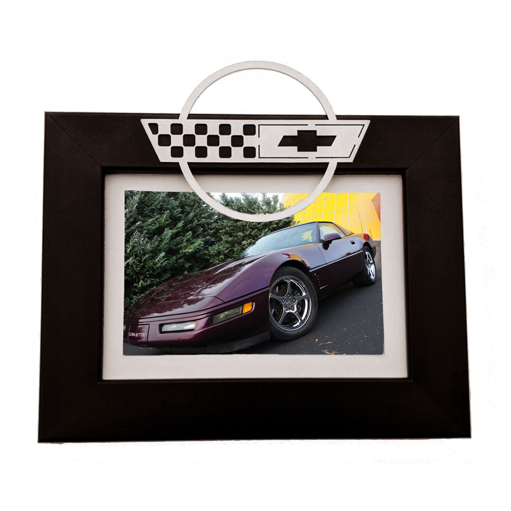 C4 Corvette Emblem Picture Frame shown a C4 Corvette photo in the frame