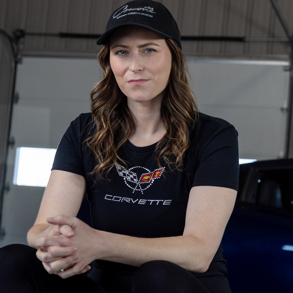 Woman wearing the C5 Corvette Crystal Emblem Black Top