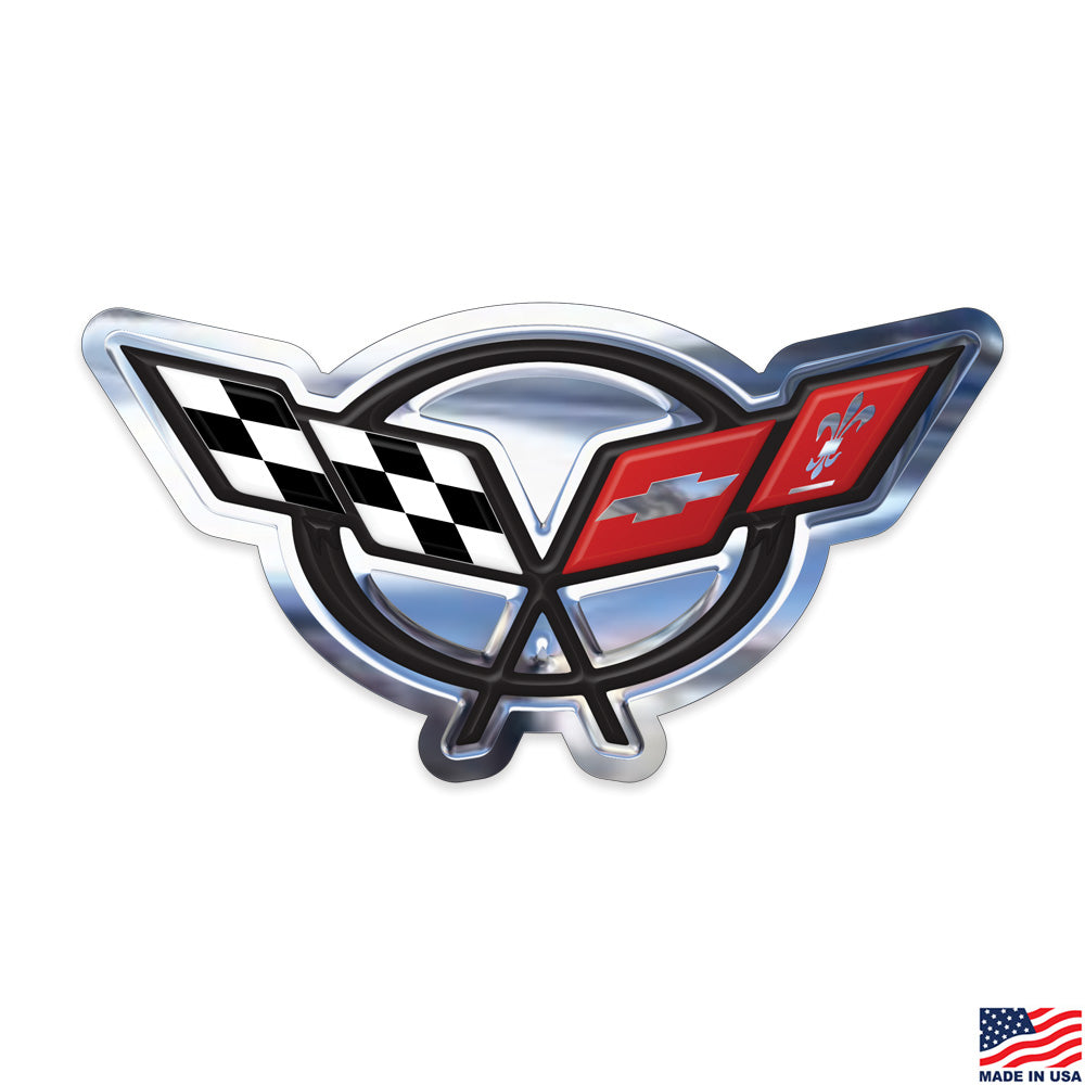 CORVETTE C8 FLAGS BADGE CHROME EMBOSSED 22 ROUND GARAGE SIGN CORVETTE C8 FLAGS BADGE CHROME EMBOSSED 22 ROUND GARAGE SIGN