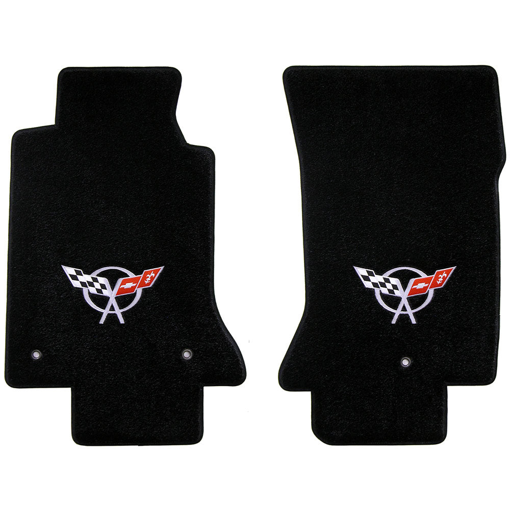 C5 Corvette Floor Mats shown with black carpet and a silver emblem