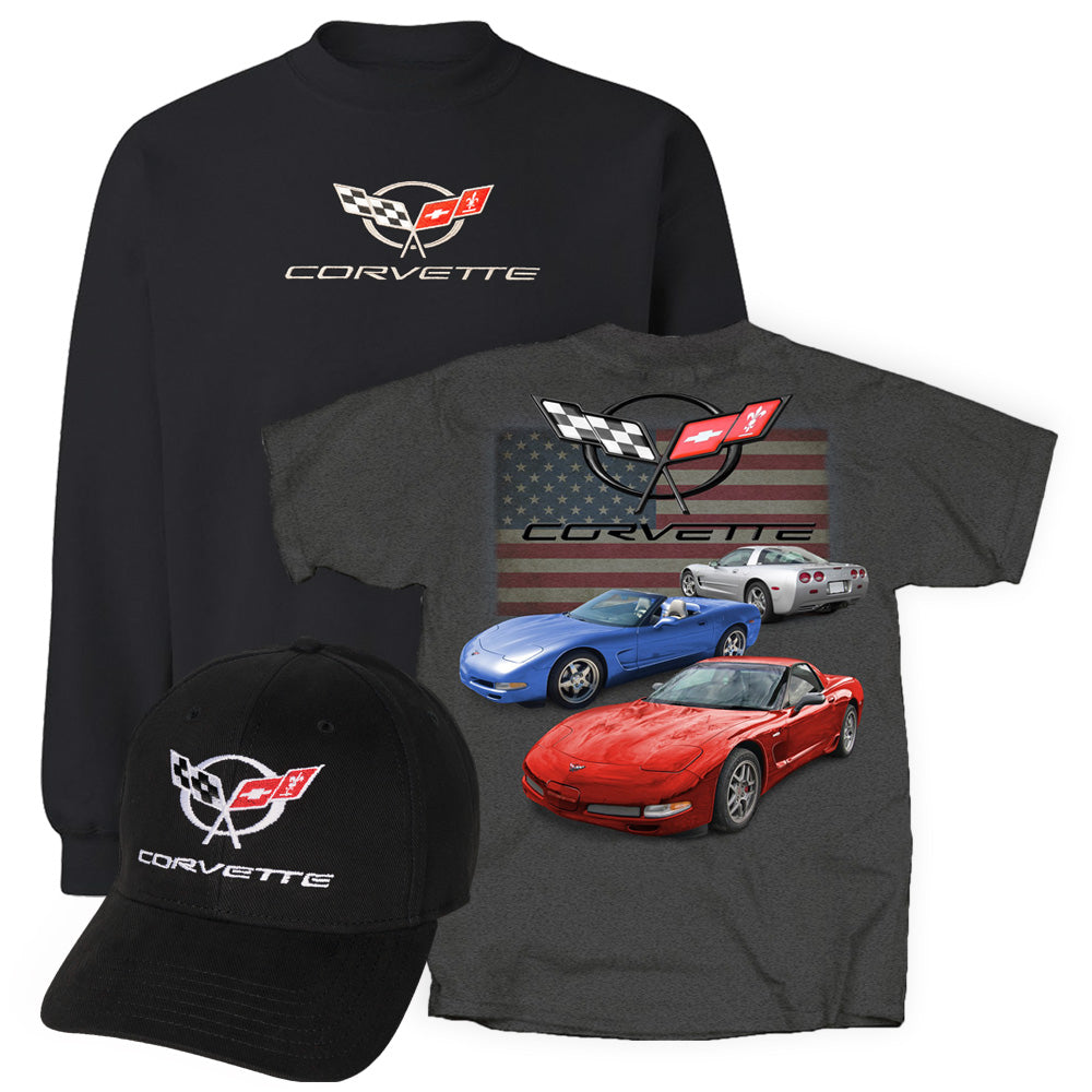 C5 Corvette Sweatshirt Bundle featuring a black C5 Sweatshirt, a Gray C5 t-shirt with three Corvettes on the back and a black C5 cap.