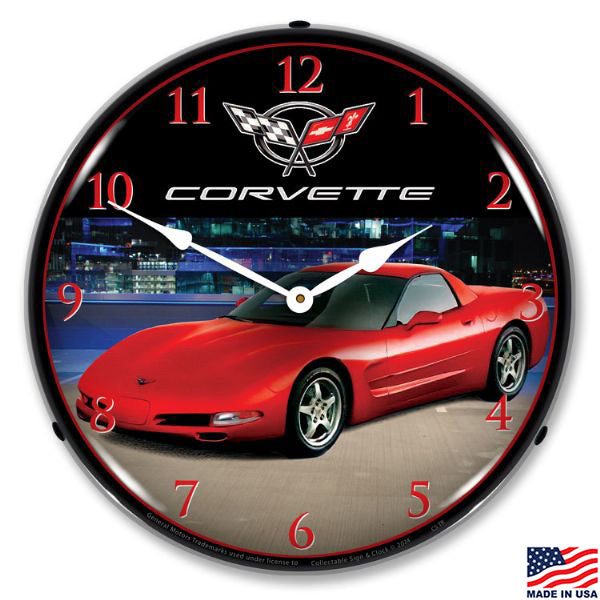 Corvette wall clock with a red C5 Corvette on a black background