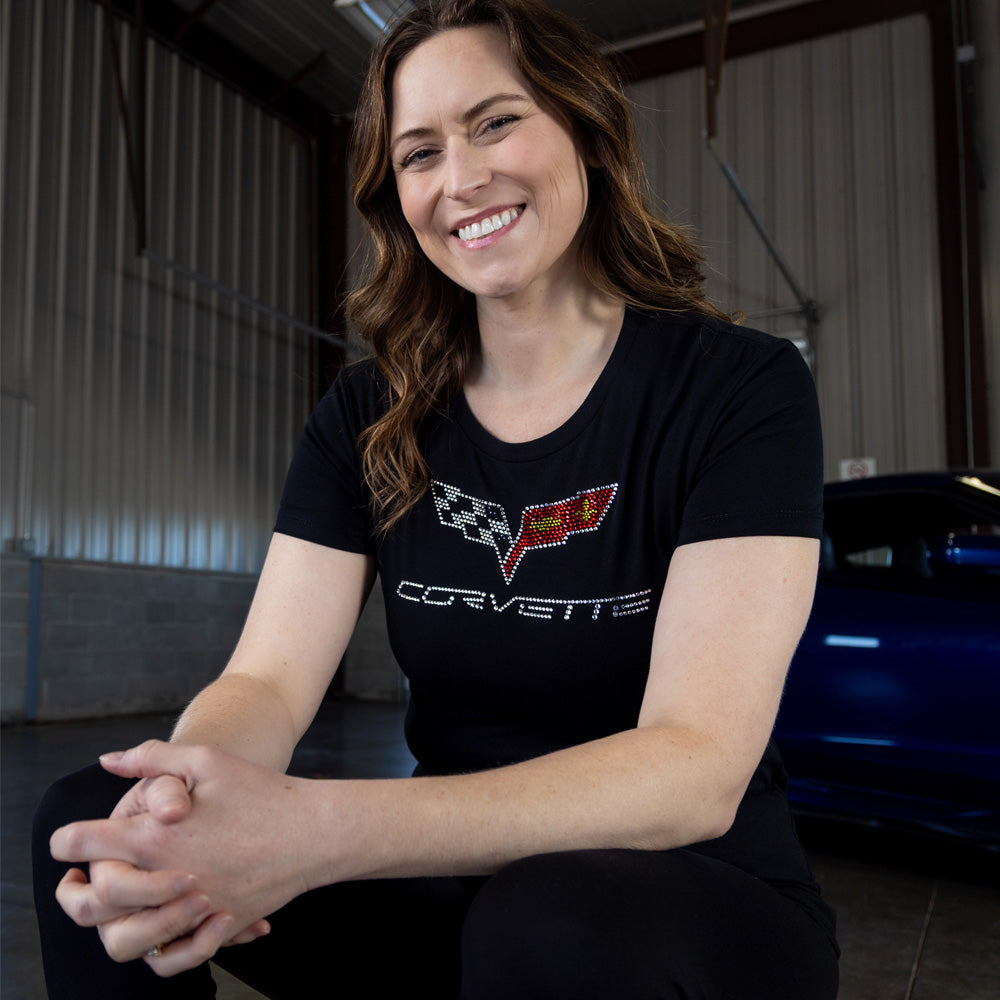 Woman wearing the C6 Corvette Crystal Emblem Black Top