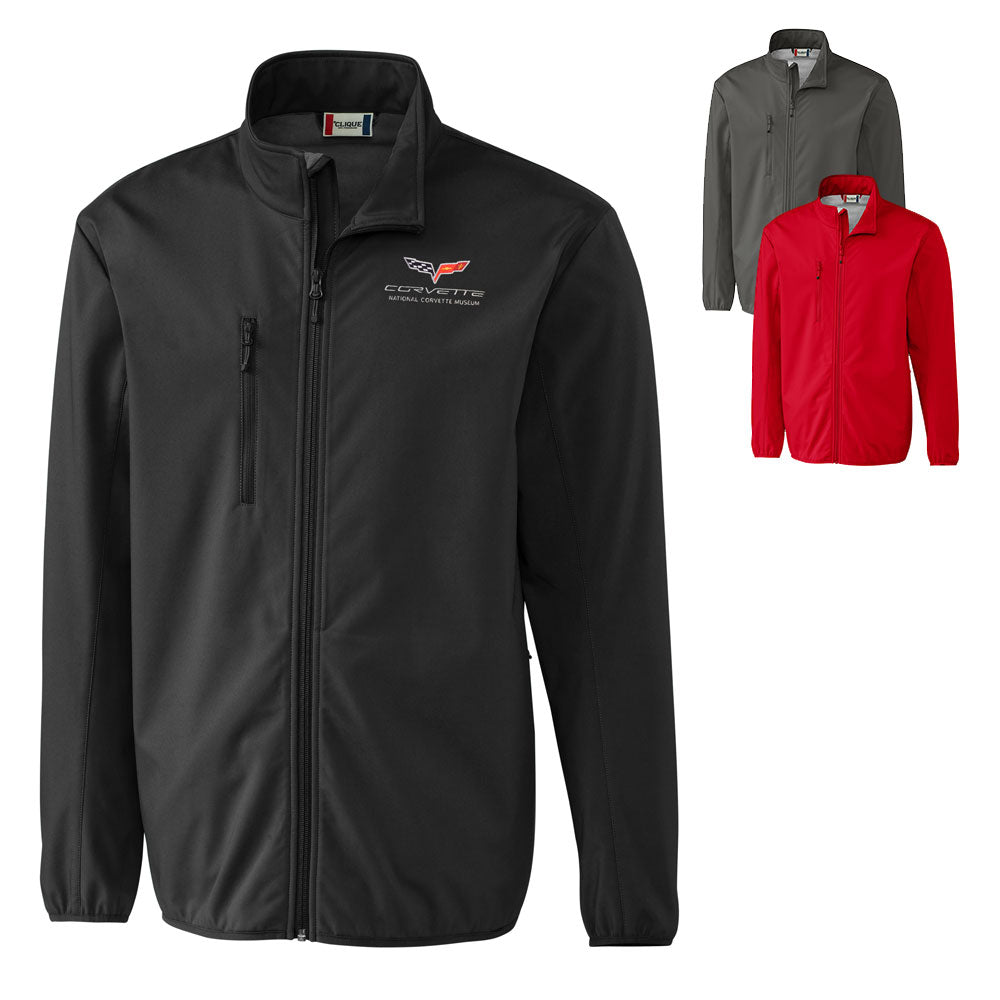The C6 Corvette Custom Trail Eco Stretch Softshell Men's Jacket shown in three colors on a white background