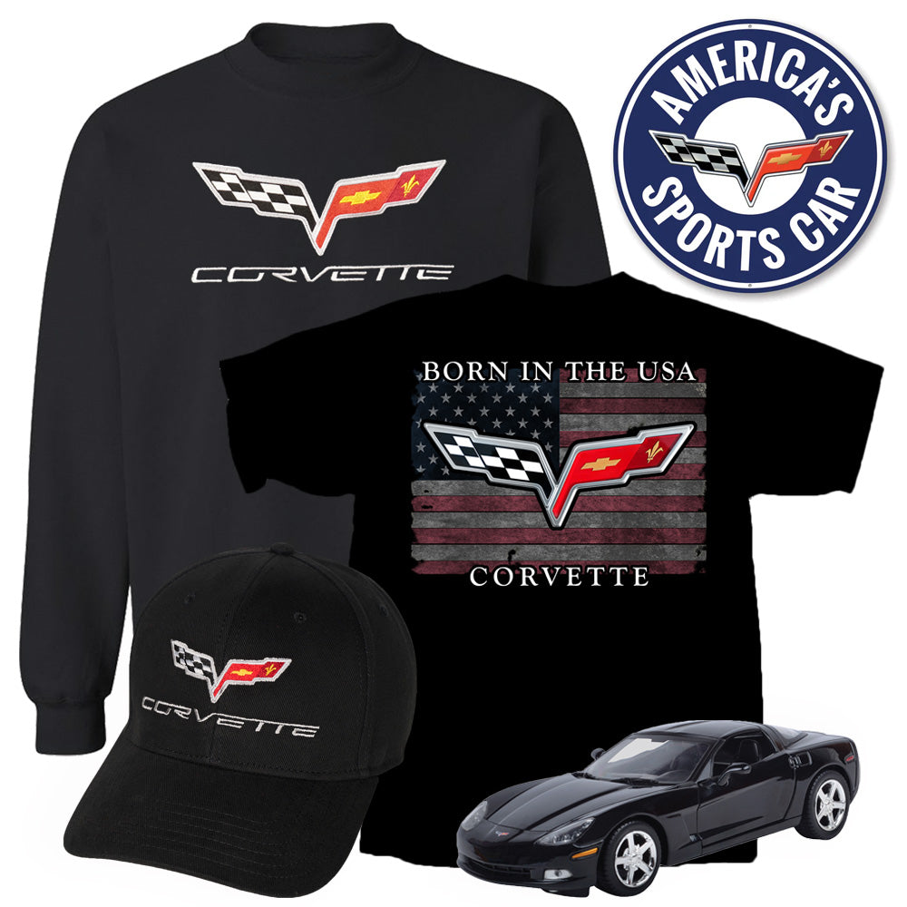 The C6 Corvette Ultimate Sweatshirt Bundle featuring a black C6 Corvette Emblem sweatshirt, a black C6 t-shirt, a black cap embroidered with the C6 Corvette emblem, a black C6 diecast and a round C6 tin sign.