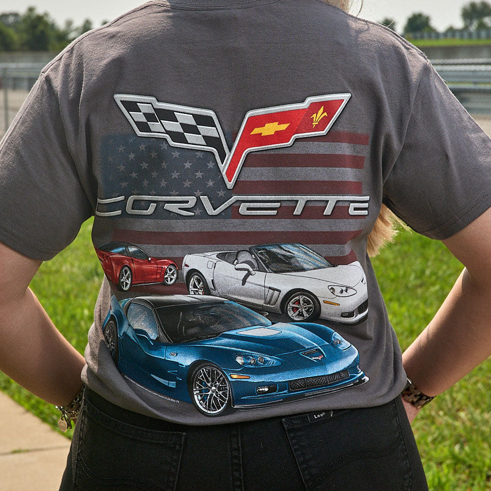 Person wearing C6 Corvette American Flag Charcoal T-shirtC6 Corvette American Flag Charcoal T-shirt