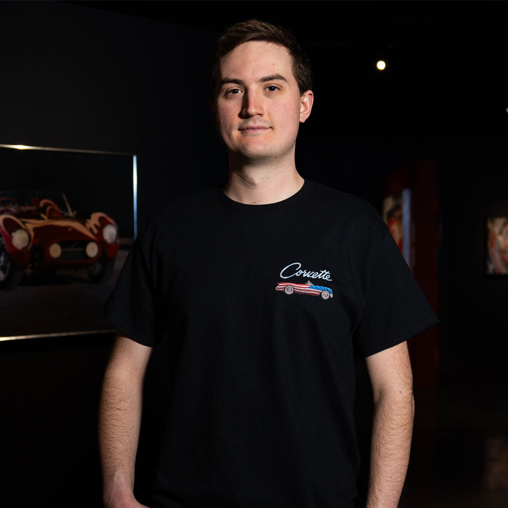 Man wearing the C7 Corvette American Flag T-shirt showing the front design