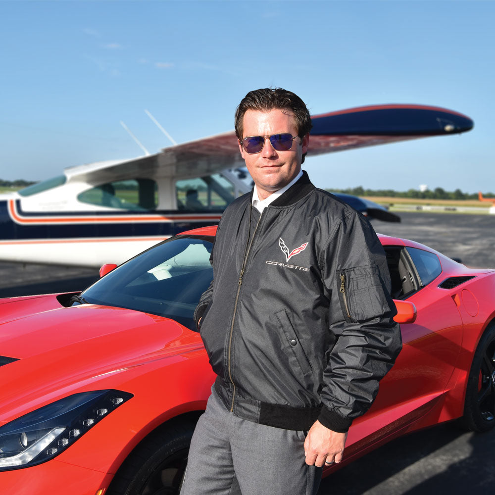 Man wearing the C7 Corvette Black Aviator Jacket