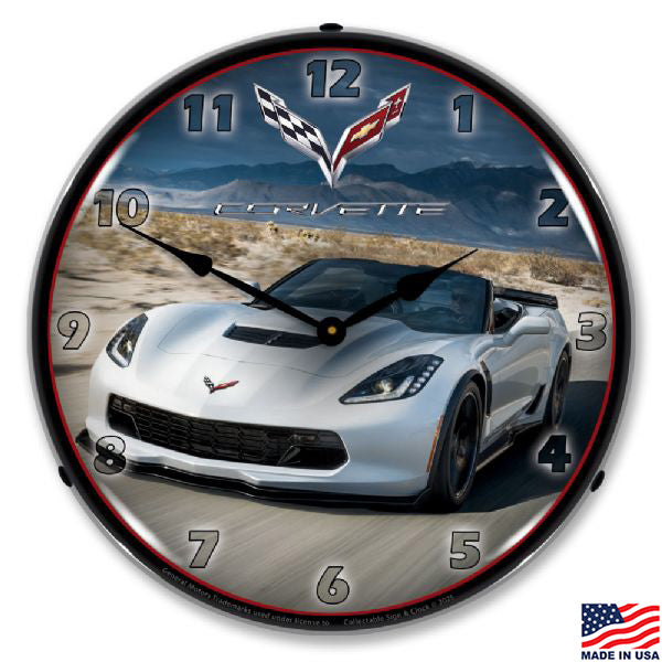 Wall clock with an image of a C7 White Corvette Convertible driving through the desert.