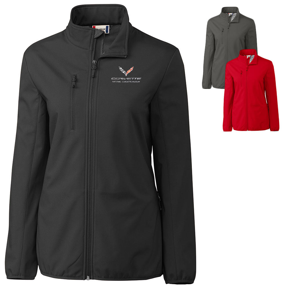 C7 Corvette Custom Trail Stretch Softshell Ladies Jacket shown in three colors on a white background