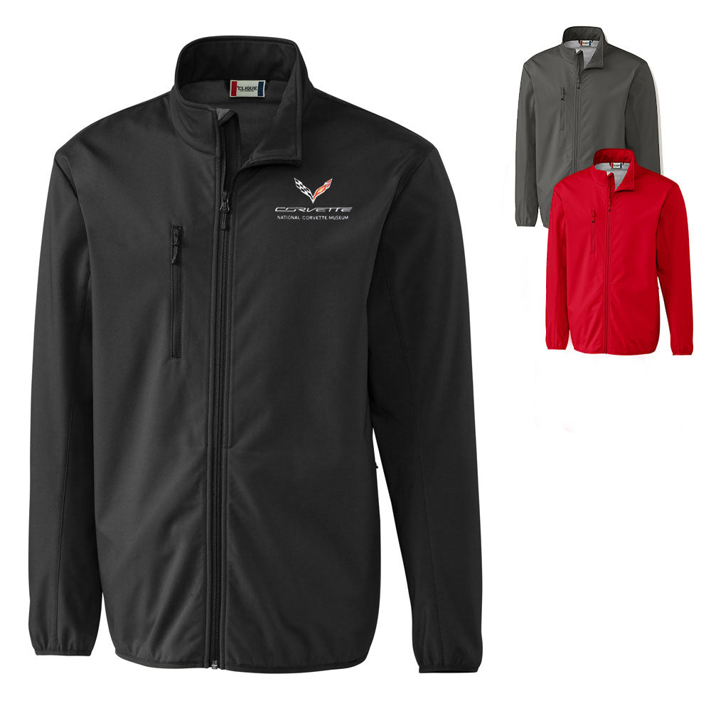 The C7 Corvette Custom Trail Stretch Softshell Men's Jacket shown in three colors on a white background