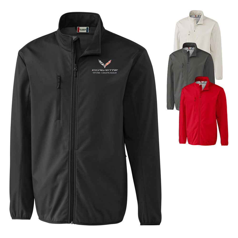 The C7 Corvette Custom Trail Stretch Softshell Mens Jacket shown in four colors