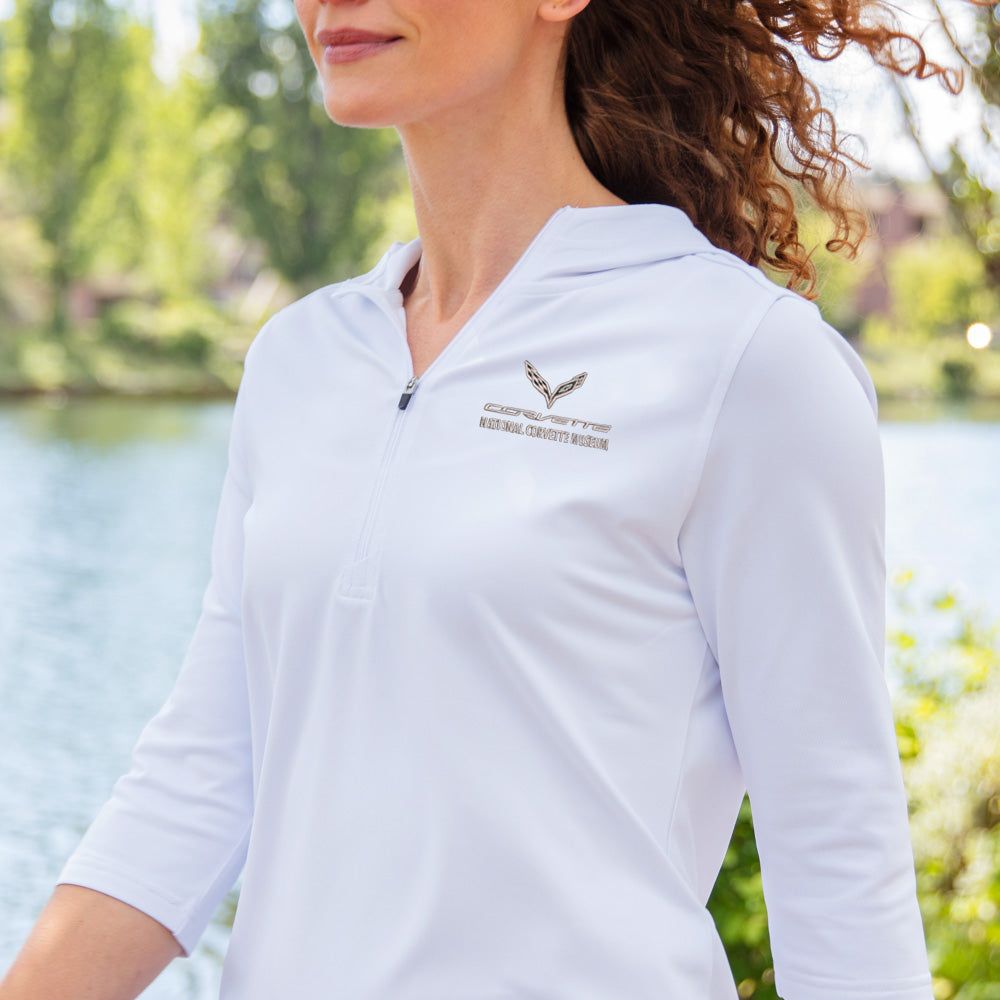Woman wearing the C7 Corvette Custom Virtue Eco White Quarter Zip