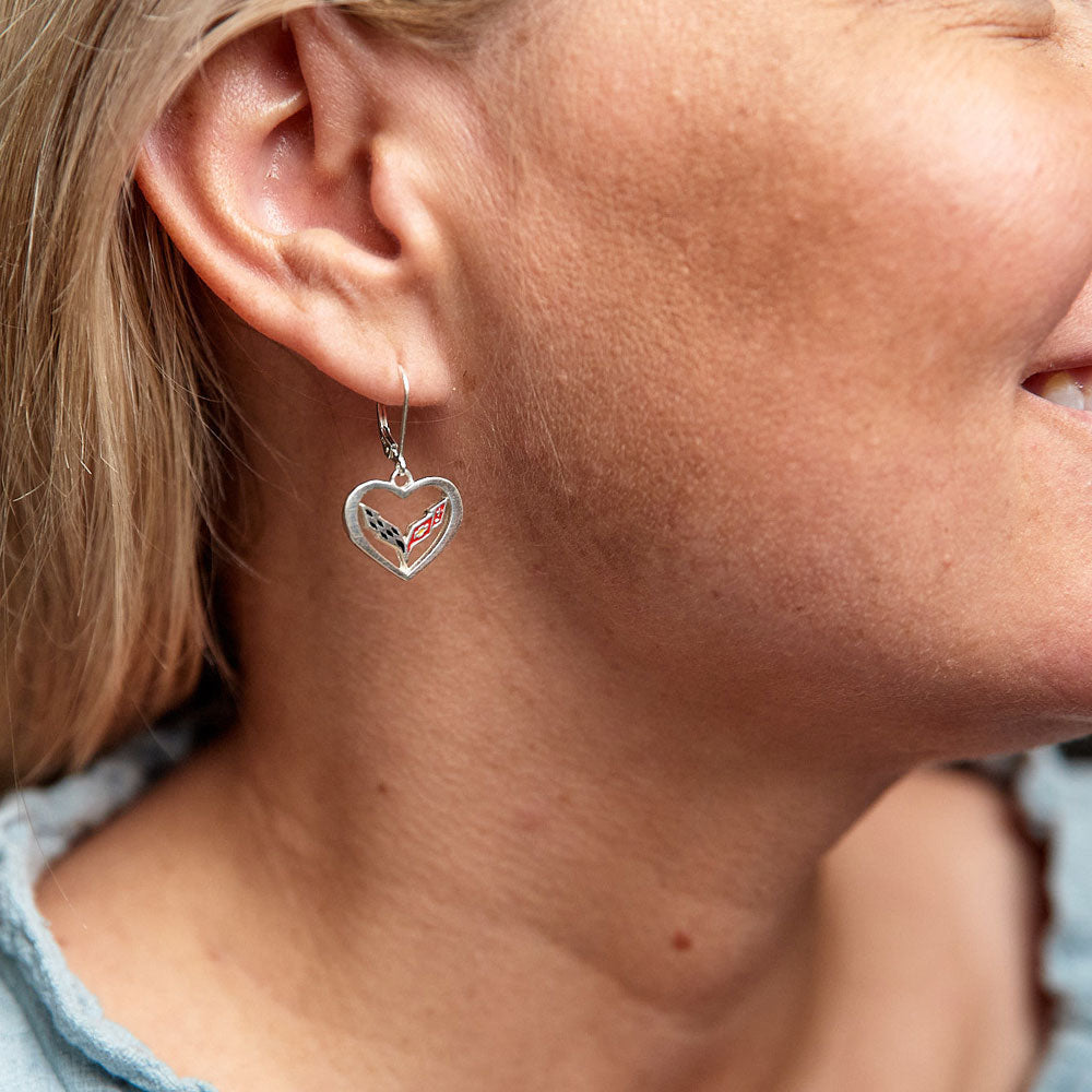 Lady wearing the C7 Corvette Emblem Heart Earrings