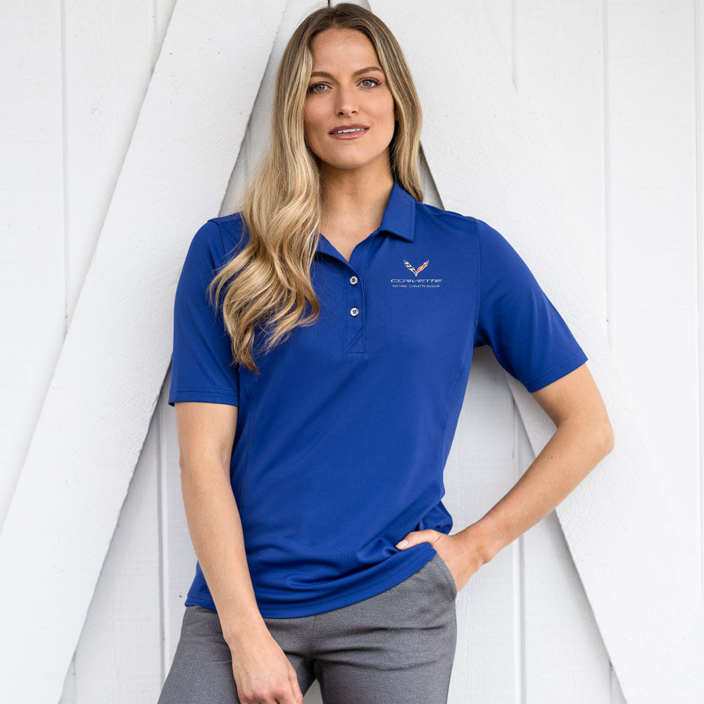 Woman wearing the C7 Corvette Emblem Ladies Core Virtue Polo