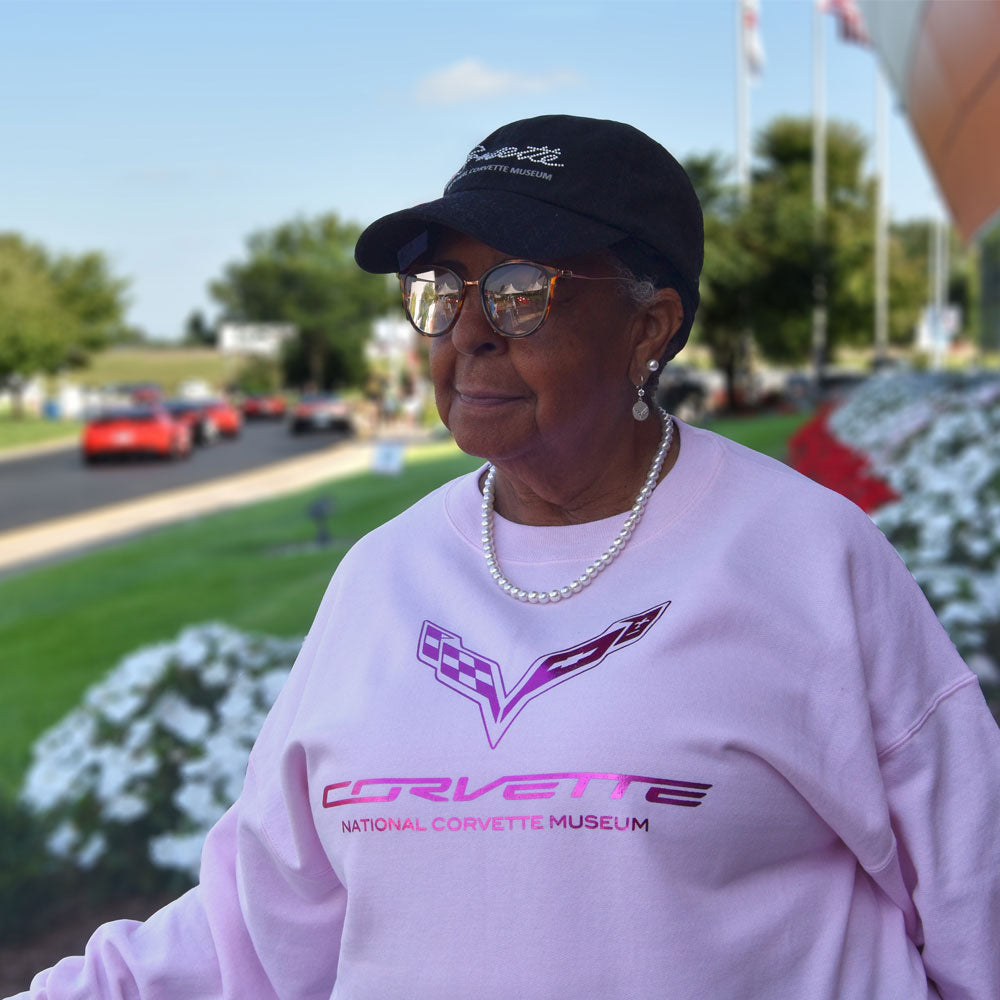Woman wearing the C7 Corvette Foil Emblem Classic Sweatshirt