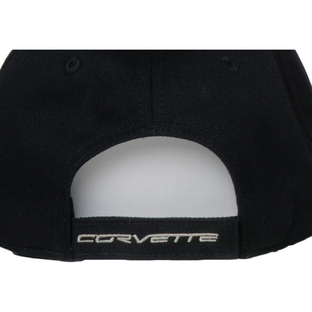 View of the back of the cap showing Corvette script embroidered on the Velcro closure