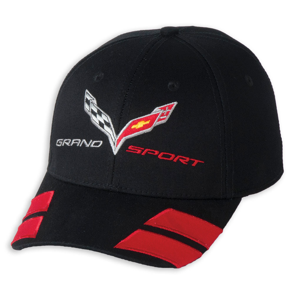 A black baseball cap with the C7 Grand Sport emblem embroidered on the front and two red hash marks on each side of the bill, shown on a white background.