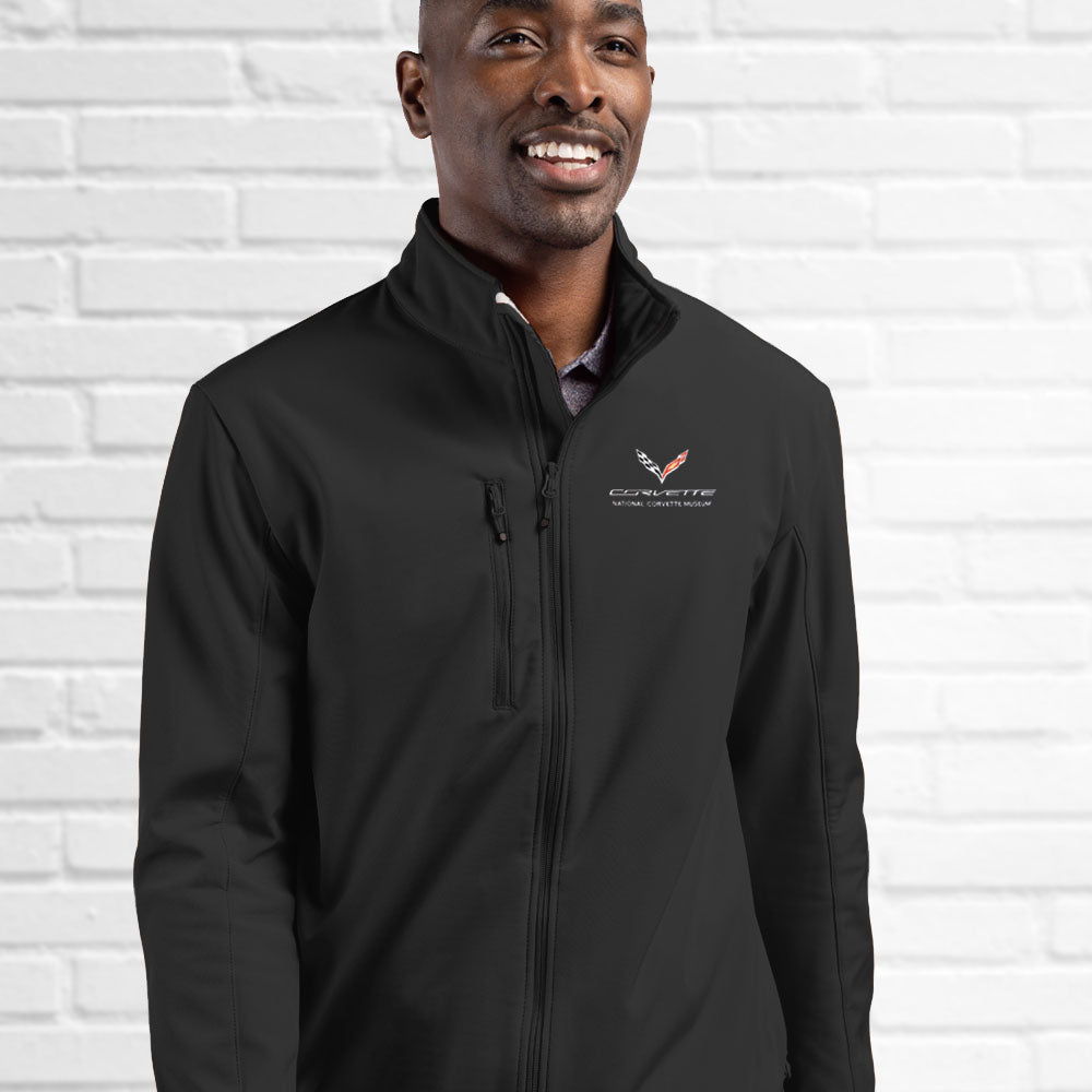 Man weraing the C7 Corvette Mens Trail Softshell Jacket